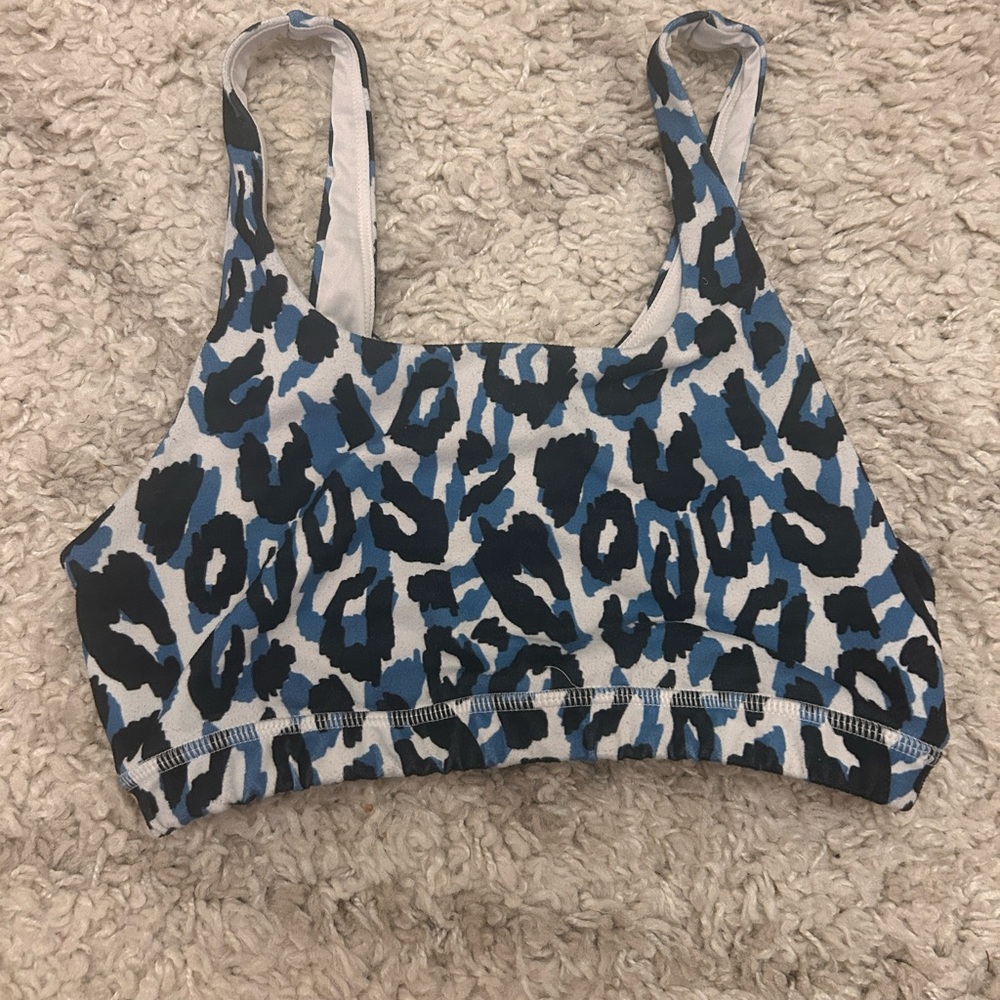 Selena sports bra, size small, blue black and white leopard print